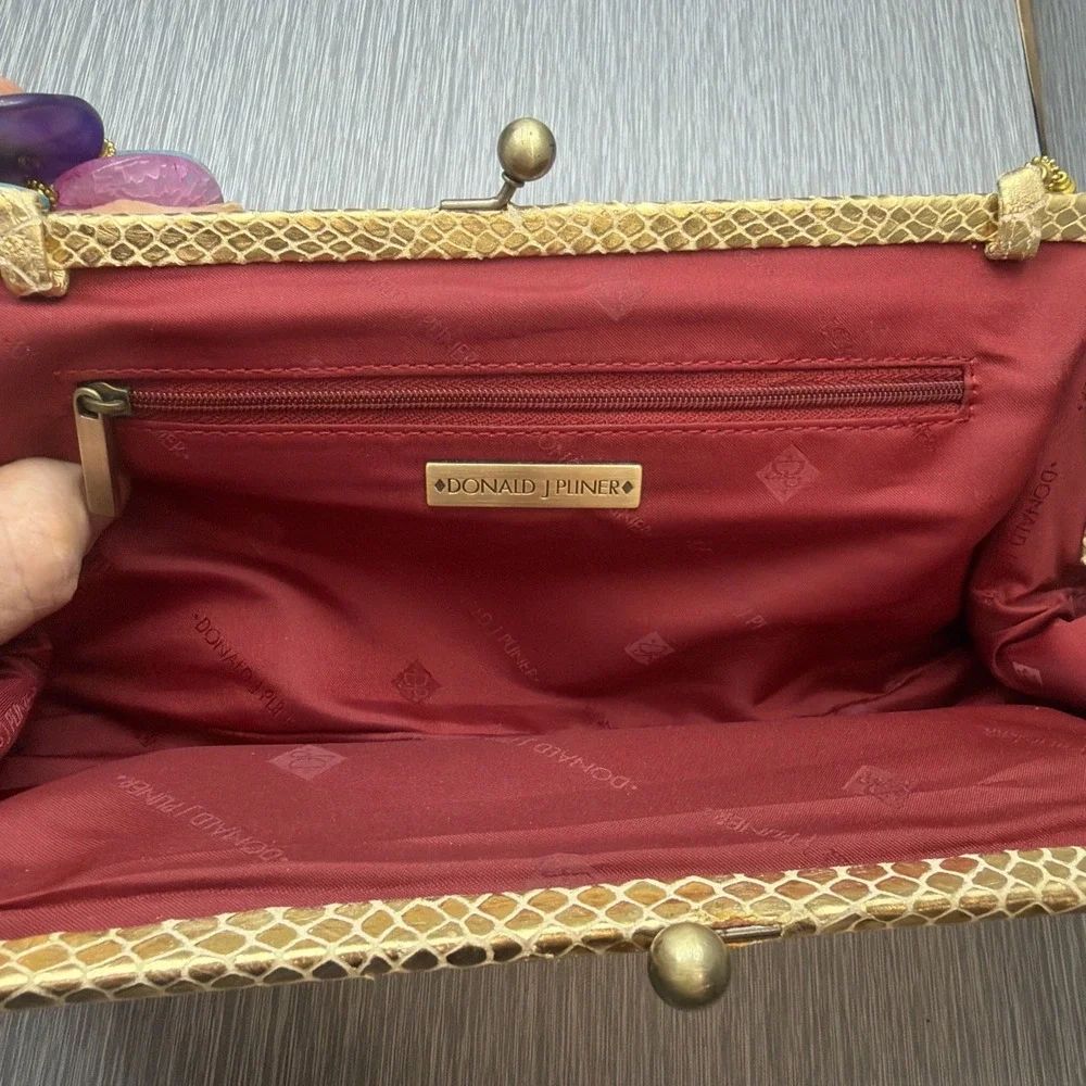Donald J Pliner Gold‎ Metallic Clutch Bag Snakeskin Beaded Handle Evening